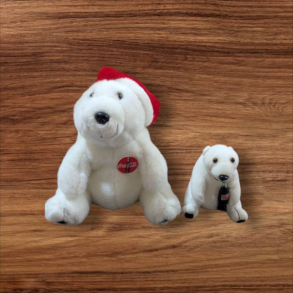Coca-Cola‎ Polar Bear Plush Set With Santa Hat & Bottle Collectible 1993 Vintage